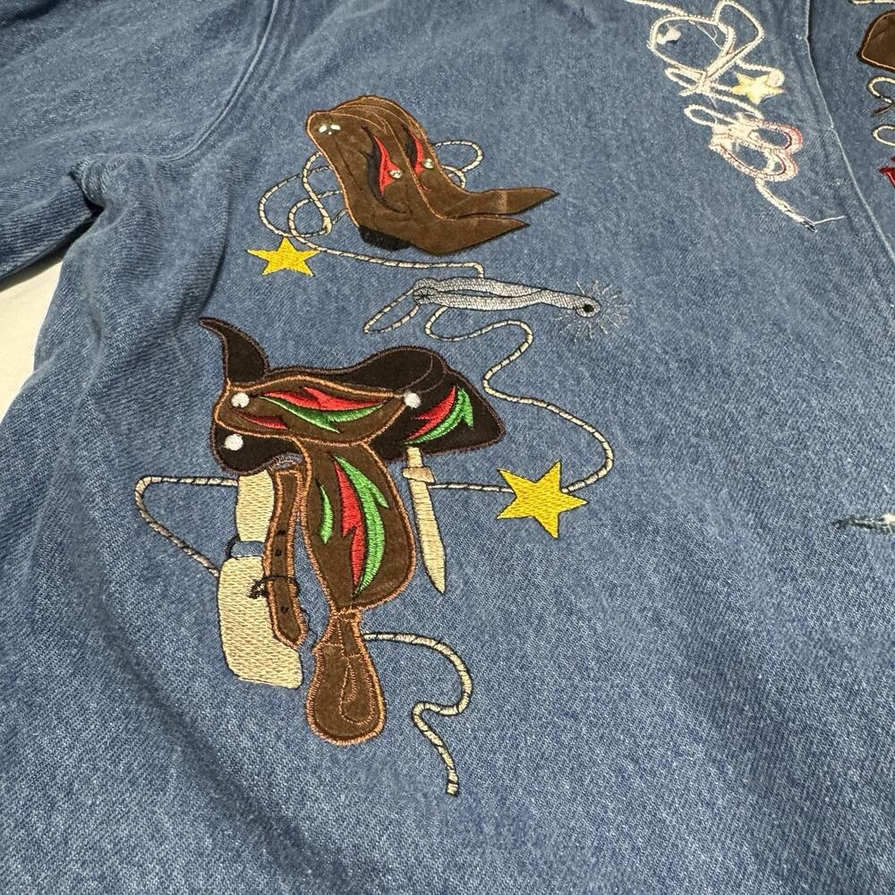 The Blue Western Cowboy Denim Jacket Embroidered Boots Hats Stars Size M - Picture 6 of 10